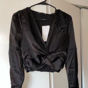 Zara cropped black long sleeve with front tie